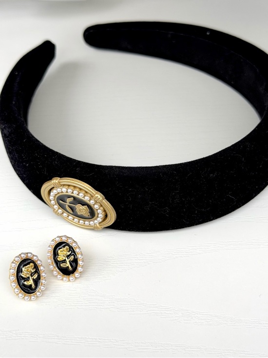 Accessories - Black Velvet Headband with Gold & Pearl Floral Emblem